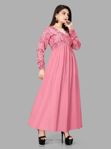 Pink Embroidered Sequin A-line Maxi Dress for Women Georgette Crepe Long Gown Wedding Party Comfortable Wear in Saudi Arabia