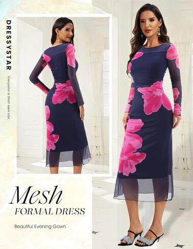 فستان Dressystar نسائي طويل بطبعة زهور فستان ماكسي ضيق لصيف خريف 2025 وأكمام طويلة شبكية لحفلات الزفاف الرسمية in Kuwait