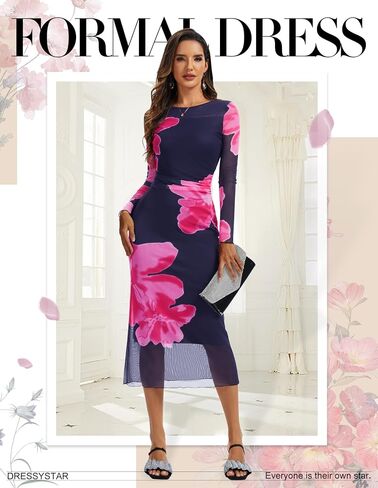 فستان Dressystar نسائي طويل بطبعة زهور فستان ماكسي ضيق لصيف خريف 2025 وأكمام طويلة شبكية لحفلات الزفاف الرسمية in Kuwait