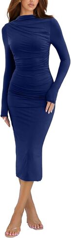 IHOT Women Mock Neck Casual Bodycon Midi Dress Long Sleeve Ruched Elegant Party Club Fall Dresses in Kuwait