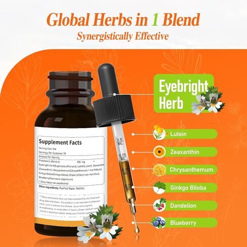 قطرة صحة العين مع عشبة ييبرايت (Euphrasia Officinalis)، مكمل لدعم الرؤية والعين، تركيبة الكل في 1 مع مستخلص لوتين زياكسانثين والتوت الأزرق - تؤخذ صبغة سائلة عن طريق الفم. 2 أوقية in Saudi Arabia