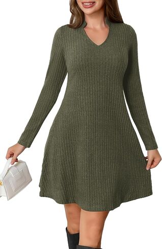 Women's Long Sleeve Sweater Maxi Dresses V Neck Casual Fall A-Line Church Fall Long Dresses in Kuwait