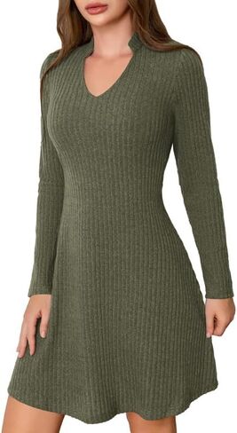 Women's Long Sleeve Sweater Maxi Dresses V Neck Casual Fall A-Line Church Fall Long Dresses in Kuwait