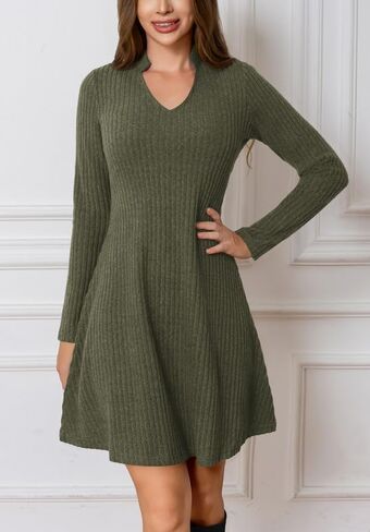 Women's Long Sleeve Sweater Maxi Dresses V Neck Casual Fall A-Line Church Fall Long Dresses in Kuwait