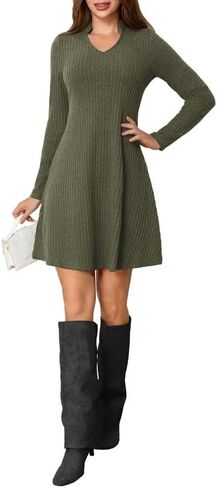 Women's Long Sleeve Sweater Maxi Dresses V Neck Casual Fall A-Line Church Fall Long Dresses in Kuwait