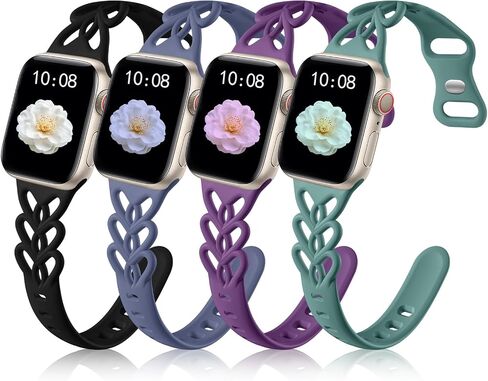 Getino for Apple Watch Slim Bands Compatible with Apple Watch Band Women 40mm 38mm 41mm 42mm, Soft Silicone Hollow-out Cute Strap for iWatch Series 10 9 8 7 6 5 4 3 2 1 SE, Black/Apricot/Pink/Violet in Saudi Arabia