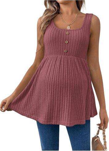 Women's Maternity Tank Top Scoop Neck Sleeveless Ruffle Hem Knit Tee Shirt Pregnancy Clothes in Saudi Arabia