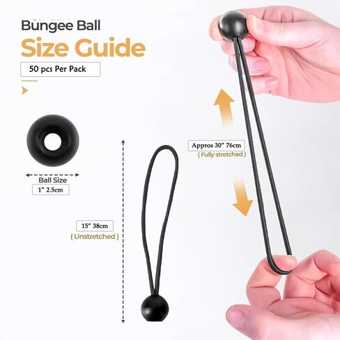 15 Inch 50 Pack Black Premium Bungee Cords with Balls,Versatile Ball Bungee Cords and Bungee Straps Set,UV Resistant in Saudi Arabia