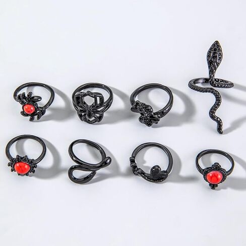 11pcs Gothic Black Stackable Rings Set Punk Dark Lotus Flower Red Stone Retro Hollow Carved Palace Style Knuckle Joint Rings Jewelry for Women in Saudi Arabia