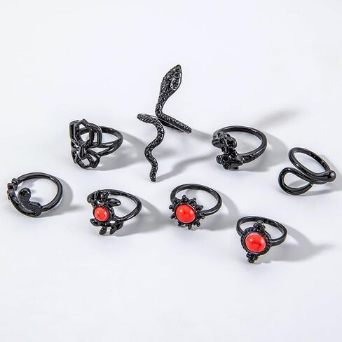 11pcs Gothic Black Stackable Rings Set Punk Dark Lotus Flower Red Stone Retro Hollow Carved Palace Style Knuckle Joint Rings Jewelry for Women in Saudi Arabia