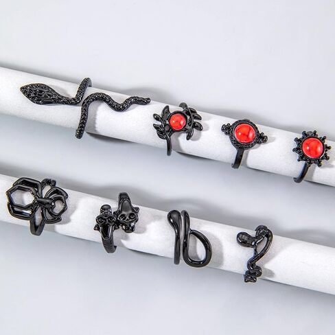 11pcs Gothic Black Stackable Rings Set Punk Dark Lotus Flower Red Stone Retro Hollow Carved Palace Style Knuckle Joint Rings Jewelry for Women in Saudi Arabia