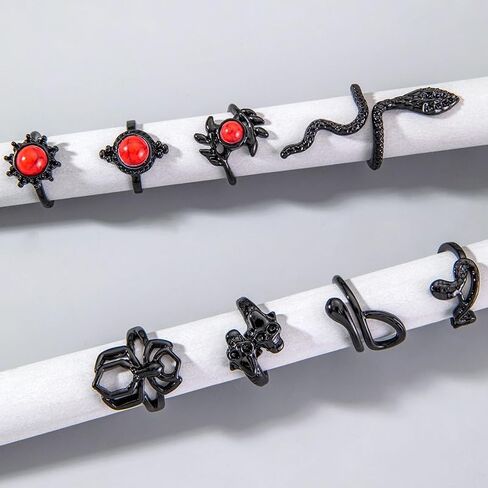 11pcs Gothic Black Stackable Rings Set Punk Dark Lotus Flower Red Stone Retro Hollow Carved Palace Style Knuckle Joint Rings Jewelry for Women in Saudi Arabia