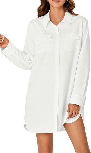LYANER Women's Button Down Shirt Dresses Collared Long Sleeve Slit Tunic Blouse Tops with Pockets in Kuwait
