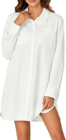 LYANER Women's Button Down Shirt Dresses Collared Long Sleeve Slit Tunic Blouse Tops with Pockets in Kuwait