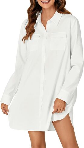 LYANER Women's Button Down Shirt Dresses Collared Long Sleeve Slit Tunic Blouse Tops with Pockets in Kuwait