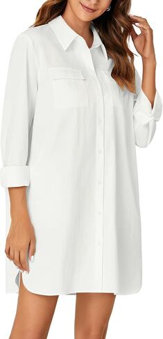LYANER Women's Button Down Shirt Dresses Collared Long Sleeve Slit Tunic Blouse Tops with Pockets in Kuwait