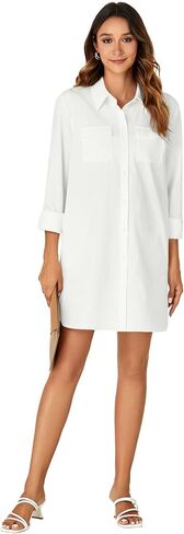 LYANER Women's Button Down Shirt Dresses Collared Long Sleeve Slit Tunic Blouse Tops with Pockets in Kuwait