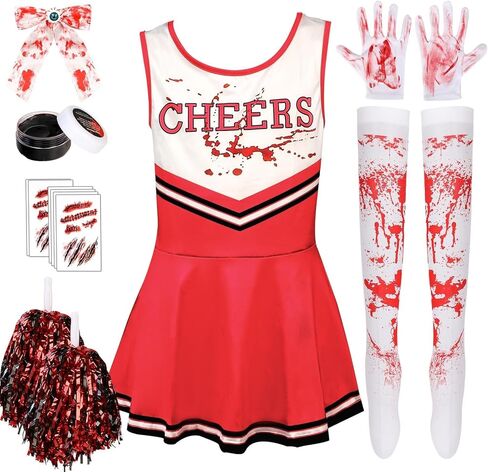 Halloween Zombie Cheerleader Costume Set Pantyhose Poms Stickers Fake Blood Gel Gloves Bow Hairpin Halloween Party in Saudi Arabia