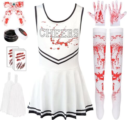Halloween Zombie Cheerleader Costume Set Pantyhose Poms Stickers Fake Blood Gel Gloves Bow Hairpin Halloween Party in Saudi Arabia