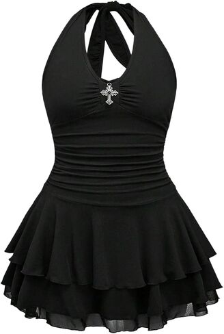SHENHE Women's Plus Size Y2k Halter Tie Backless Ruched Layered Ruffle Grunge Punk Mini Dress in Saudi Arabia