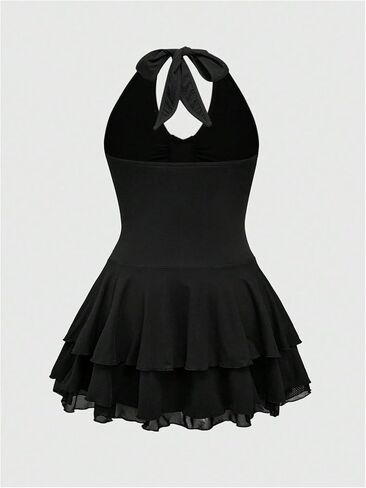 SHENHE Women's Plus Size Y2k Halter Tie Backless Ruched Layered Ruffle Grunge Punk Mini Dress in Saudi Arabia