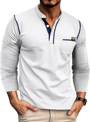 تي شيرت رجالي بأكمام طويلة من Henley بأزرار ورقبة على شكل حرف V وقمصان كلاسيكية كاجوال من مزيج القطن مع جيب in Saudi Arabia