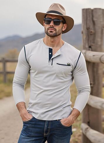 تي شيرت رجالي بأكمام طويلة من Henley بأزرار ورقبة على شكل حرف V وقمصان كلاسيكية كاجوال من مزيج القطن مع جيب in Saudi Arabia