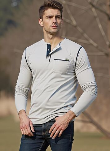 تي شيرت رجالي بأكمام طويلة من Henley بأزرار ورقبة على شكل حرف V وقمصان كلاسيكية كاجوال من مزيج القطن مع جيب in Saudi Arabia