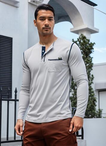تي شيرت رجالي بأكمام طويلة من Henley بأزرار ورقبة على شكل حرف V وقمصان كلاسيكية كاجوال من مزيج القطن مع جيب in Saudi Arabia