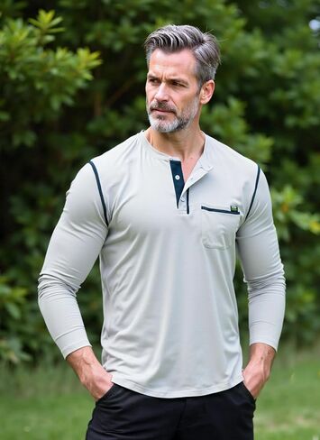 تي شيرت رجالي بأكمام طويلة من Henley بأزرار ورقبة على شكل حرف V وقمصان كلاسيكية كاجوال من مزيج القطن مع جيب in Saudi Arabia