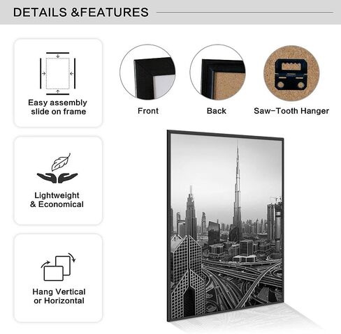 مجموعة إطارات ملصقات مقاس 20 × 28 مكونة من 4 قطع، إطارات صور مقاومة للخدش لمعرض الصور، شرائط منزلقة، إطارات صور مقاس 20 × 28 لعرض الحائط الأفقي أو العمودي، أسود in Kuwait