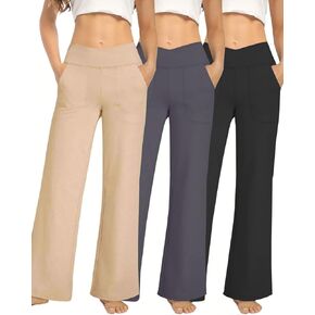 3 Pack Wide Leg Pants Woman Yoga Pants with Pockets Crossover Stretch Loose Casual Lounge Sweatpants in Kuwait