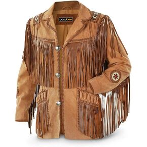 Men's Traditional Cowboy Western Leather Jacket Coat with Fringe Native American Jacket Suede Beaded (L) Black in Saudi Arabia