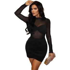 Floerns Women's Long Sleeve Mock Neck Party Dress Sheer Mesh Bodycon Mini Dresses in Saudi Arabia