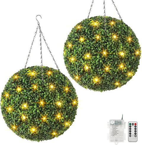 20" Artificial Plant Topiary Ball, Pre-Lit Artificial Topiary Plant with 50 Lights, Timer and Remote Control, Artificial Outdoor Porch Trees with Sturdy Pot for Outdoor Indoor，Red Urn Base 2 pcs in Saudi Arabia