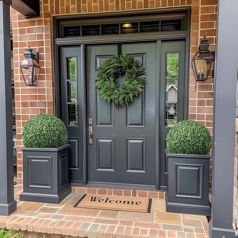 20" Artificial Plant Topiary Ball, Pre-Lit Artificial Topiary Plant with 50 Lights, Timer and Remote Control, Artificial Outdoor Porch Trees with Sturdy Pot for Outdoor Indoor，Red Urn Base 2 pcs in Saudi Arabia