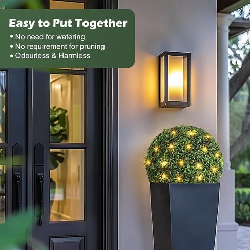 20" Artificial Plant Topiary Ball, Pre-Lit Artificial Topiary Plant with 50 Lights, Timer and Remote Control, Artificial Outdoor Porch Trees with Sturdy Pot for Outdoor Indoor，Red Urn Base 2 pcs in Saudi Arabia