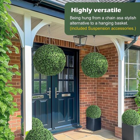 20" Artificial Plant Topiary Ball, Pre-Lit Artificial Topiary Plant with 50 Lights, Timer and Remote Control, Artificial Outdoor Porch Trees with Sturdy Pot for Outdoor Indoor，Red Urn Base 2 pcs in Saudi Arabia