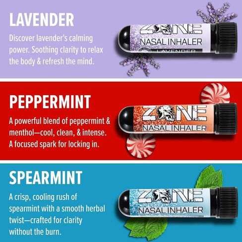 Zone Essential Oil Nasal Inhaler – Sinus Relief, Stress & Anxiety Support, Relaxation Aid – Natural Aromatherapy Stick – Made in USA (Peppermint, Spearmint, Lavender 3-Pack) in Saudi Arabia
