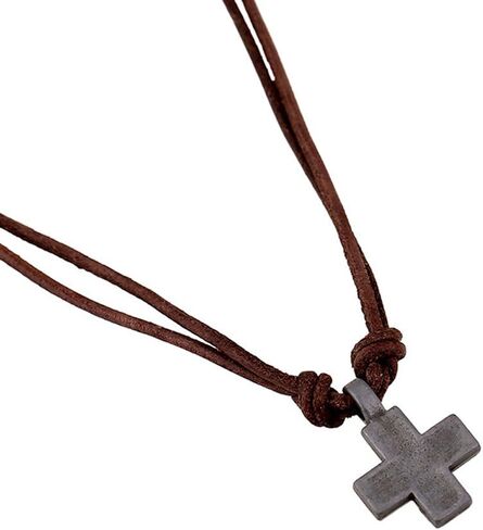 Men's Metal Cross Pendant on Brown Double Strand Leather Cord Choker Long Necklace in Saudi Arabia