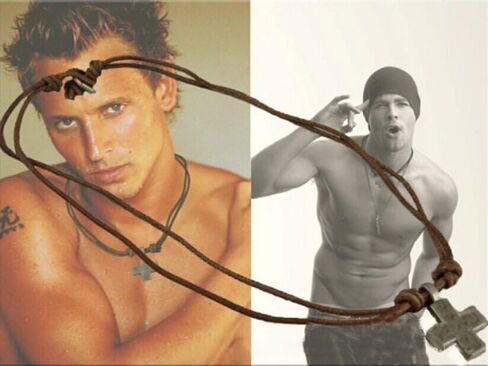 Men's Metal Cross Pendant on Brown Double Strand Leather Cord Choker Long Necklace in Saudi Arabia
