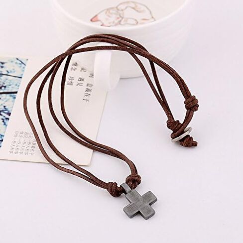 Men's Metal Cross Pendant on Brown Double Strand Leather Cord Choker Long Necklace in Saudi Arabia