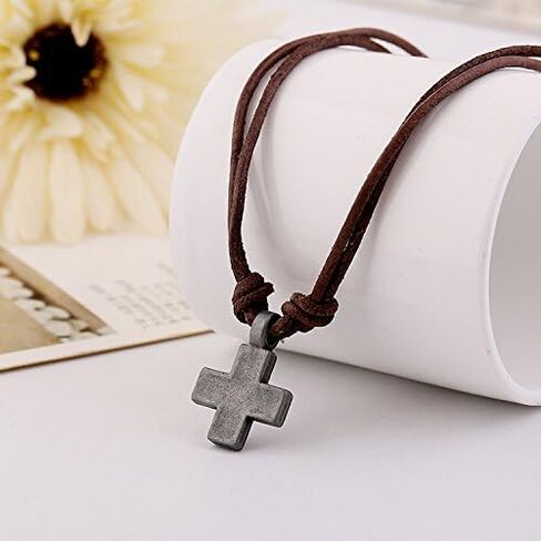 Men's Metal Cross Pendant on Brown Double Strand Leather Cord Choker Long Necklace in Saudi Arabia