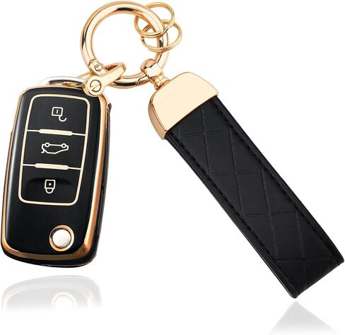 OLLEN Soft TPU Key Fob Cover with Keychain, Fit for VolksWagen VW Jetta Golf Polo MK6 Passat Tiguan Beetle Polo MK7 Passat Cross Gran Sagitar Santana Bora Skoda, for Flip Key Fob, 3 Button, Black in Saudi Arabia