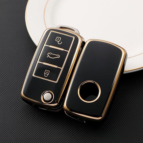 OLLEN Soft TPU Key Fob Cover with Keychain, Fit for VolksWagen VW Jetta Golf Polo MK6 Passat Tiguan Beetle Polo MK7 Passat Cross Gran Sagitar Santana Bora Skoda, for Flip Key Fob, 3 Button, Black in Saudi Arabia