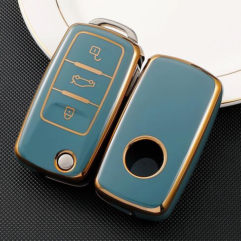 OLLEN Soft TPU Key Fob Cover with Keychain, Fit for VolksWagen VW Jetta Golf Polo MK6 Passat Tiguan Beetle Polo MK7 Passat Cross Gran Sagitar Santana Bora Skoda, for Flip Key Fob, 3 Button, Black in Saudi Arabia
