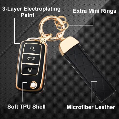 OLLEN Soft TPU Key Fob Cover with Keychain, Fit for VolksWagen VW Jetta Golf Polo MK6 Passat Tiguan Beetle Polo MK7 Passat Cross Gran Sagitar Santana Bora Skoda, for Flip Key Fob, 3 Button, Black in Saudi Arabia