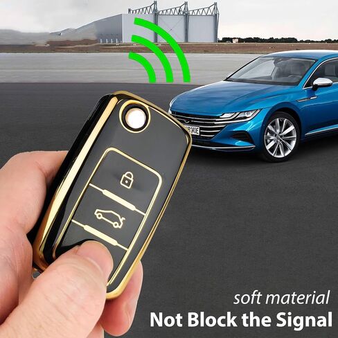 OLLEN Soft TPU Key Fob Cover with Keychain, Fit for VolksWagen VW Jetta Golf Polo MK6 Passat Tiguan Beetle Polo MK7 Passat Cross Gran Sagitar Santana Bora Skoda, for Flip Key Fob, 3 Button, Black in Saudi Arabia
