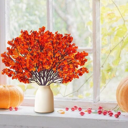 12PCS Fake Fall Flowers Orange Baby Breath Artificial Flowers Real Touch Silk Floral Arrangement Thanksgiving Autumn Table Centerpieces Home Kitchen Decor in Saudi Arabia