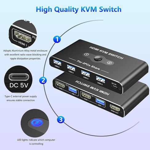 KVM Switch 2 مراقب 2 أجهزة كمبيوتر ، 8K@60Hz KVM Switch Display HDMI ، 4K@120Hz ، مفاتيح KVM لجهاز الكمبيوتر 2 شاشة ، 4 أجهزة USB 3.0 مثل لوحة المفاتيح ، الماوس ، الطابعة ، الماسحة الضوئية in Kuwait